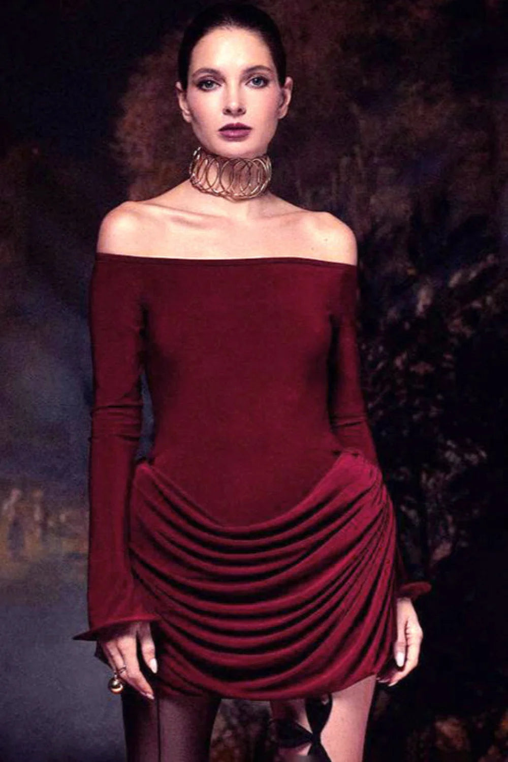 Satin Ruffled Off-Shoulder Party Dress Red / S