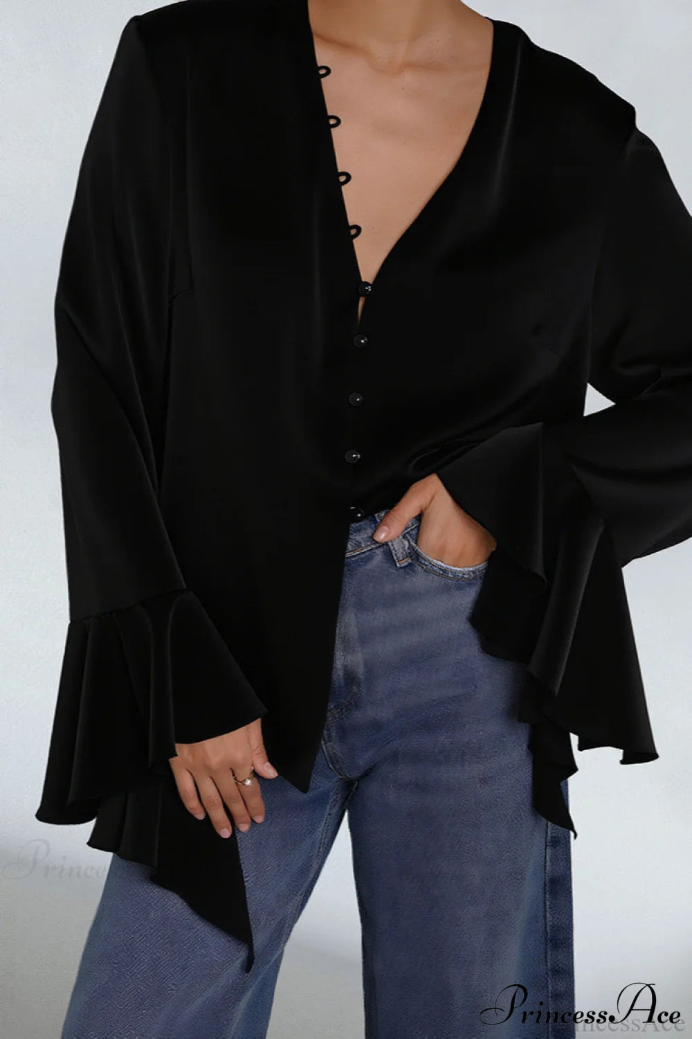 Satin Ruffled Solid Color Blouse Black / S
