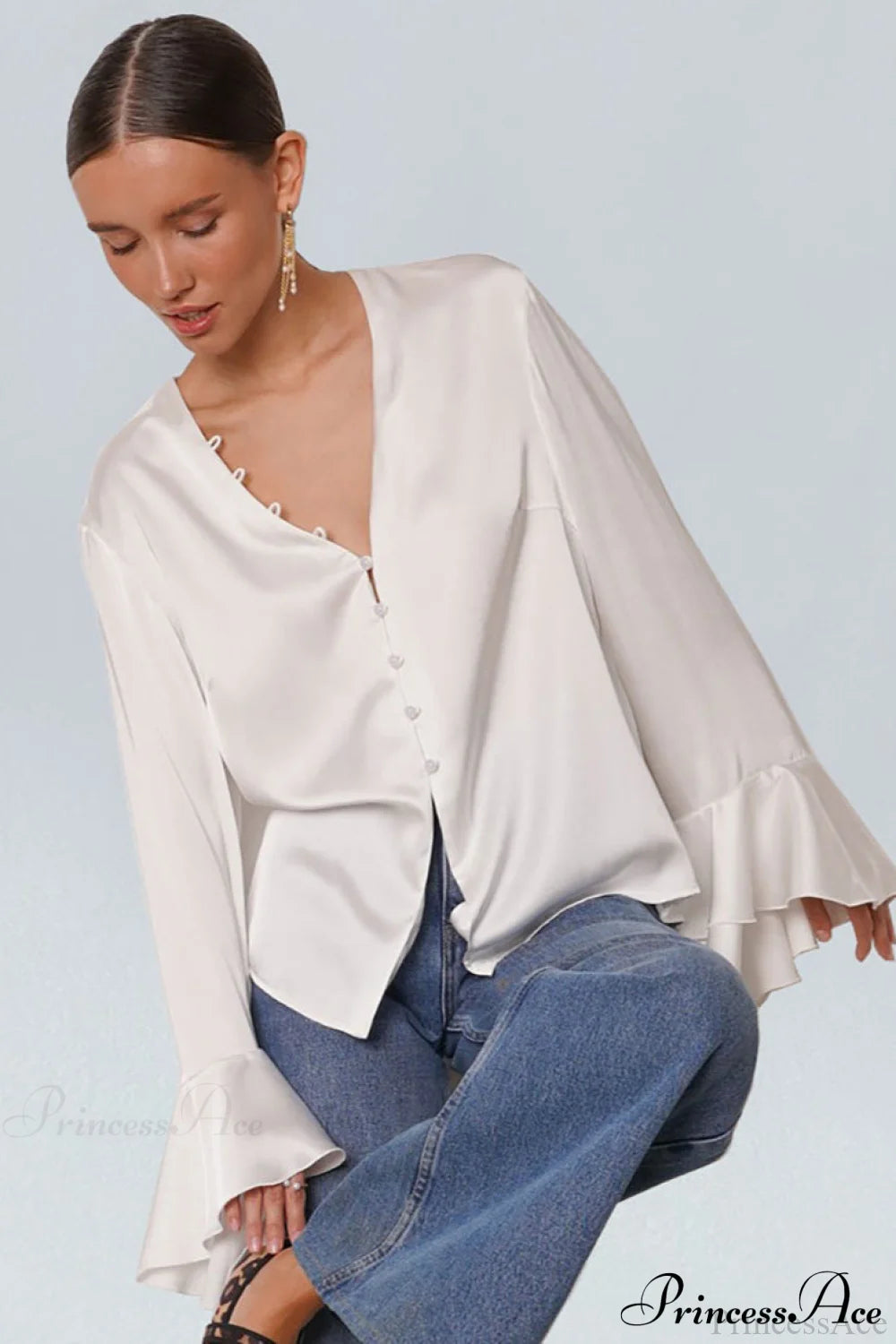 Satin Ruffled Solid Color Blouse White / S