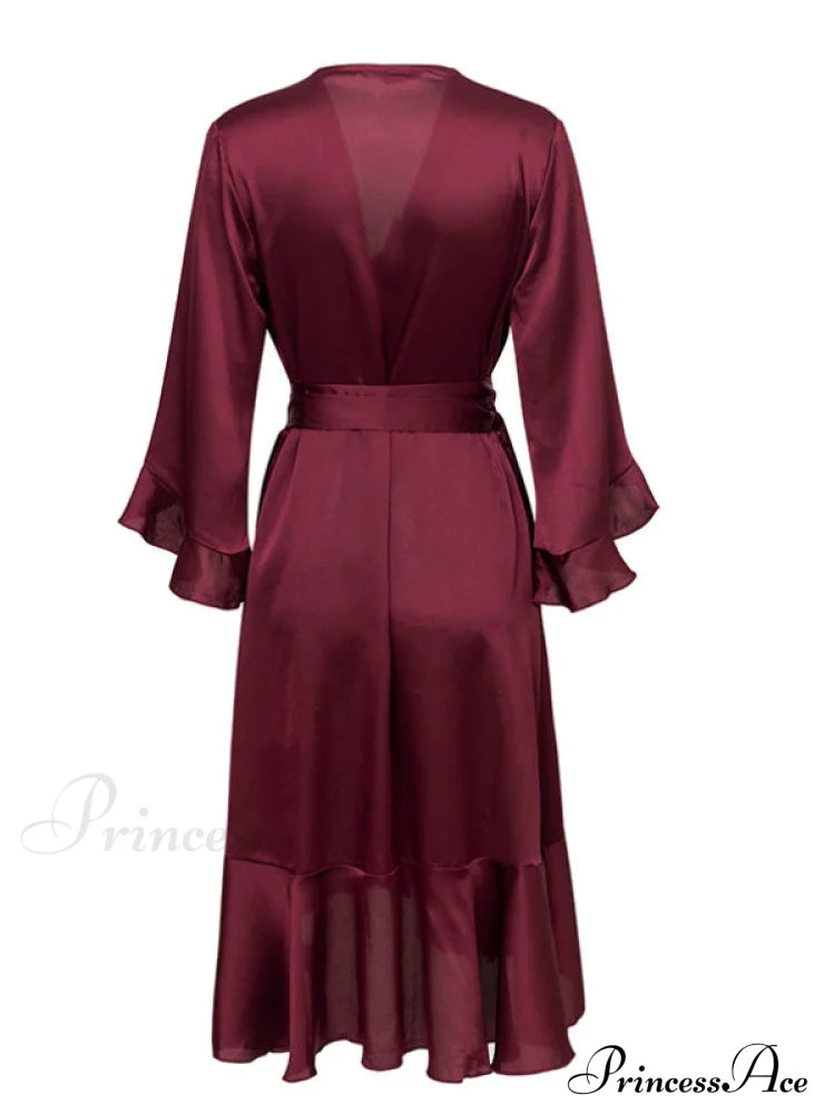 Satin Solid Dress With Ruffle Flare Sleeves And Sash Wrap For Women L / Green Dresses