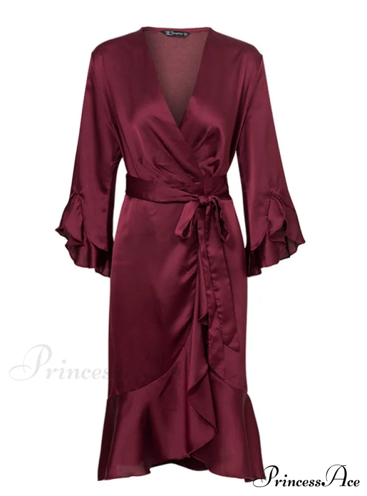 Satin Solid Dress With Ruffle Flare Sleeves And Sash Wrap For Women M / Wine Red Dresses