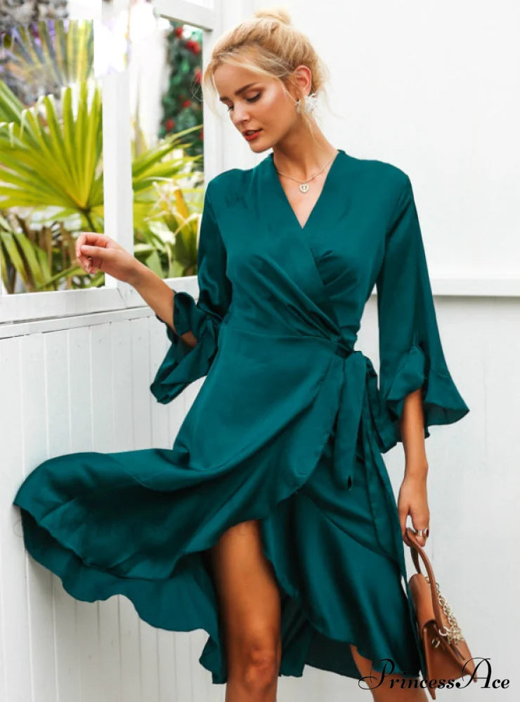Satin Solid Dress With Ruffle Flare Sleeves And Sash Wrap For Women S / Green Dresses