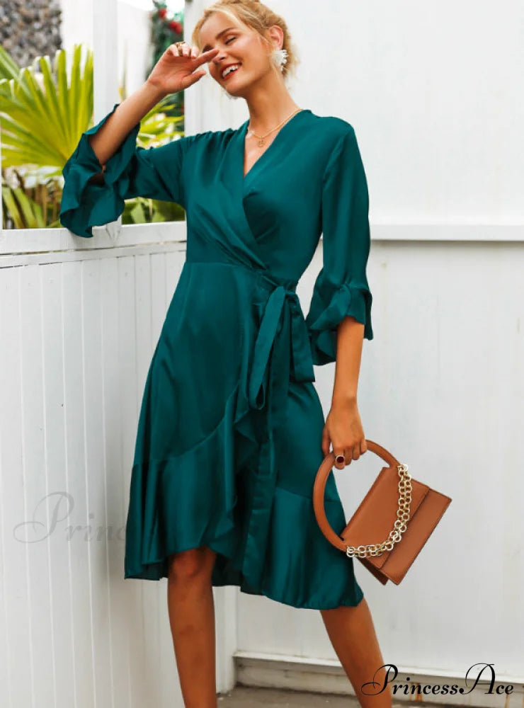 Satin Solid Dress With Ruffle Flare Sleeves And Sash Wrap For Women S / Wine Red Dresses