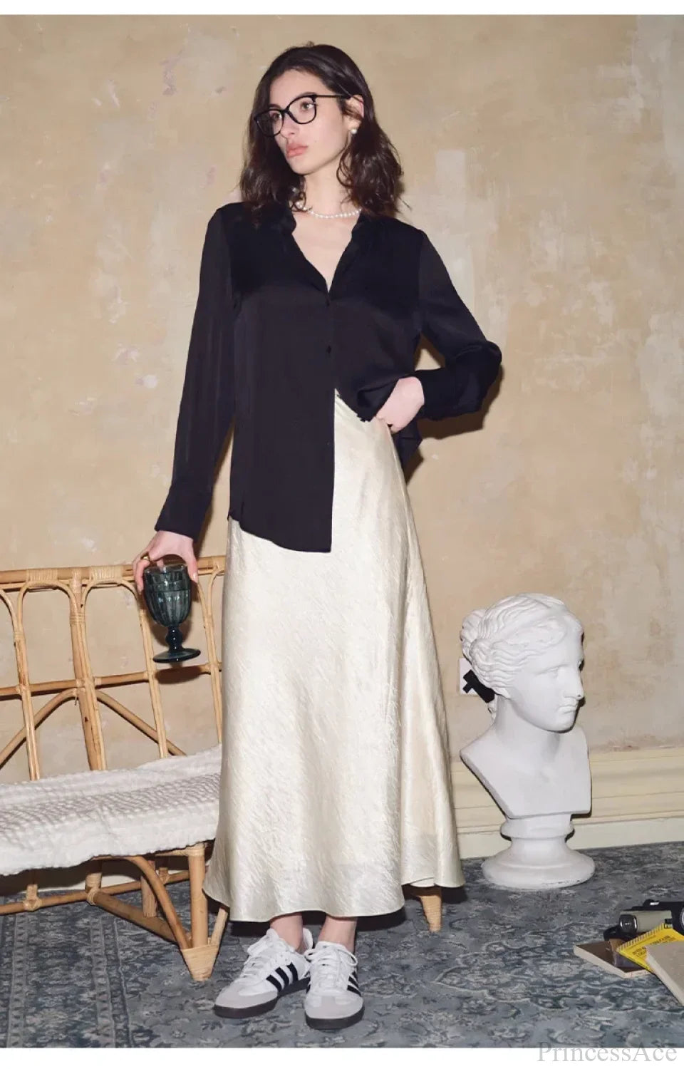 Satin Solid Long Sleeve Polo Neck Blouse Black / S blouse-250223