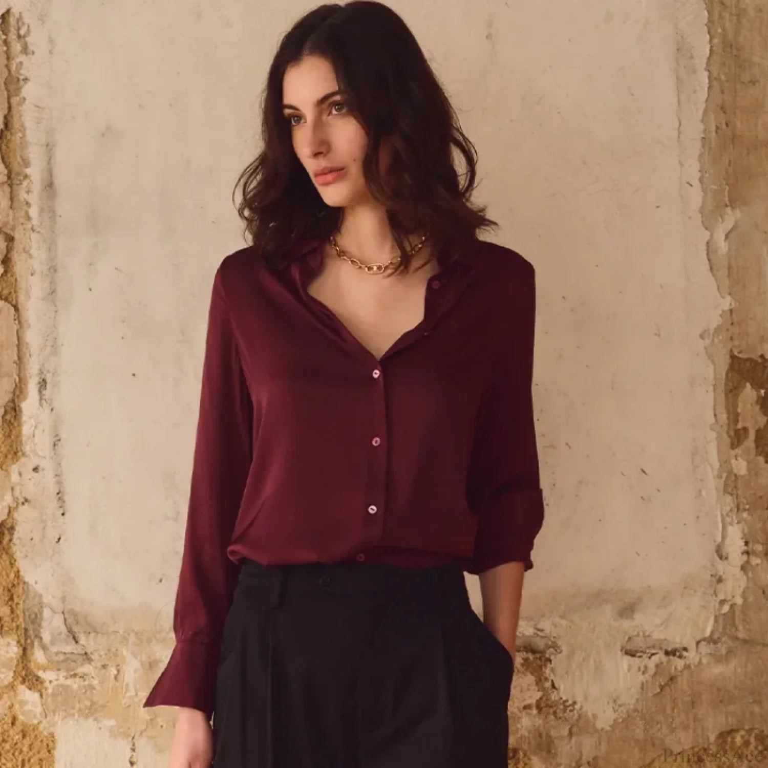 Satin Solid Long Sleeve Polo Neck Blouse Chelsea Red / S blouse-250223