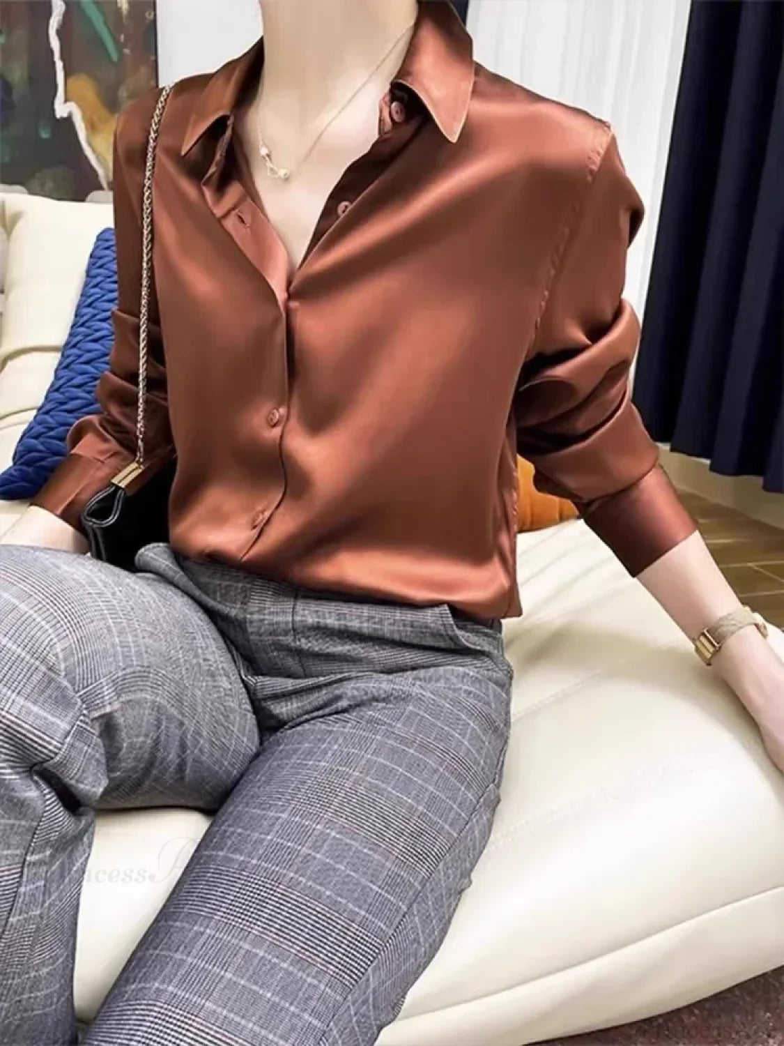 Satin Solid Long Sleeve Polo Neck Blouse reddish brown / S blouse-250223