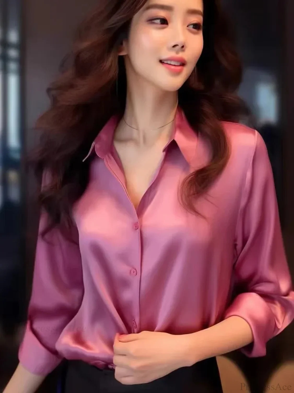 Satin Solid Long Sleeve Polo Neck Blouse Rose Red / S blouse-250223