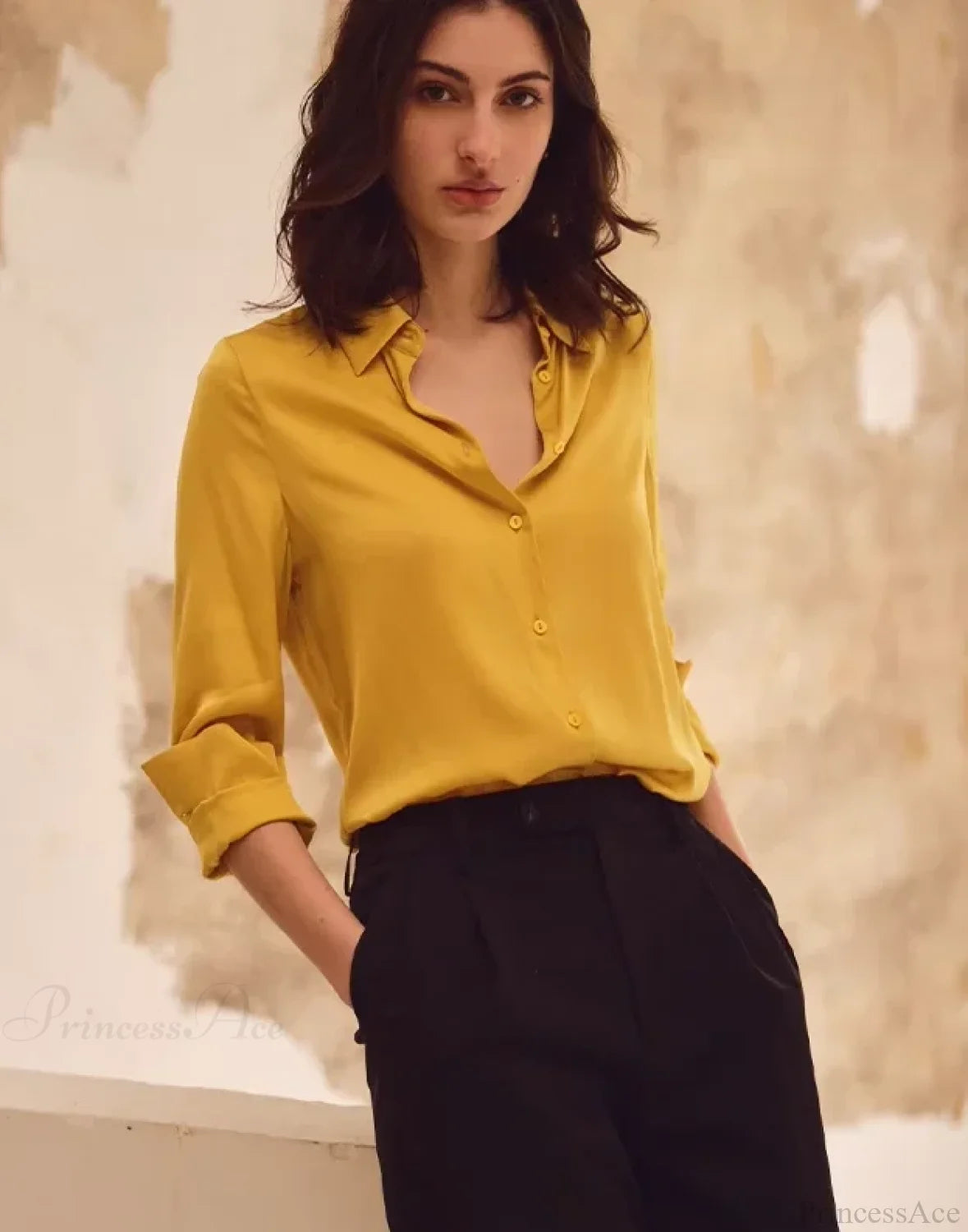 Satin Solid Long Sleeve Polo Neck Blouse Yellow / S blouse-250223