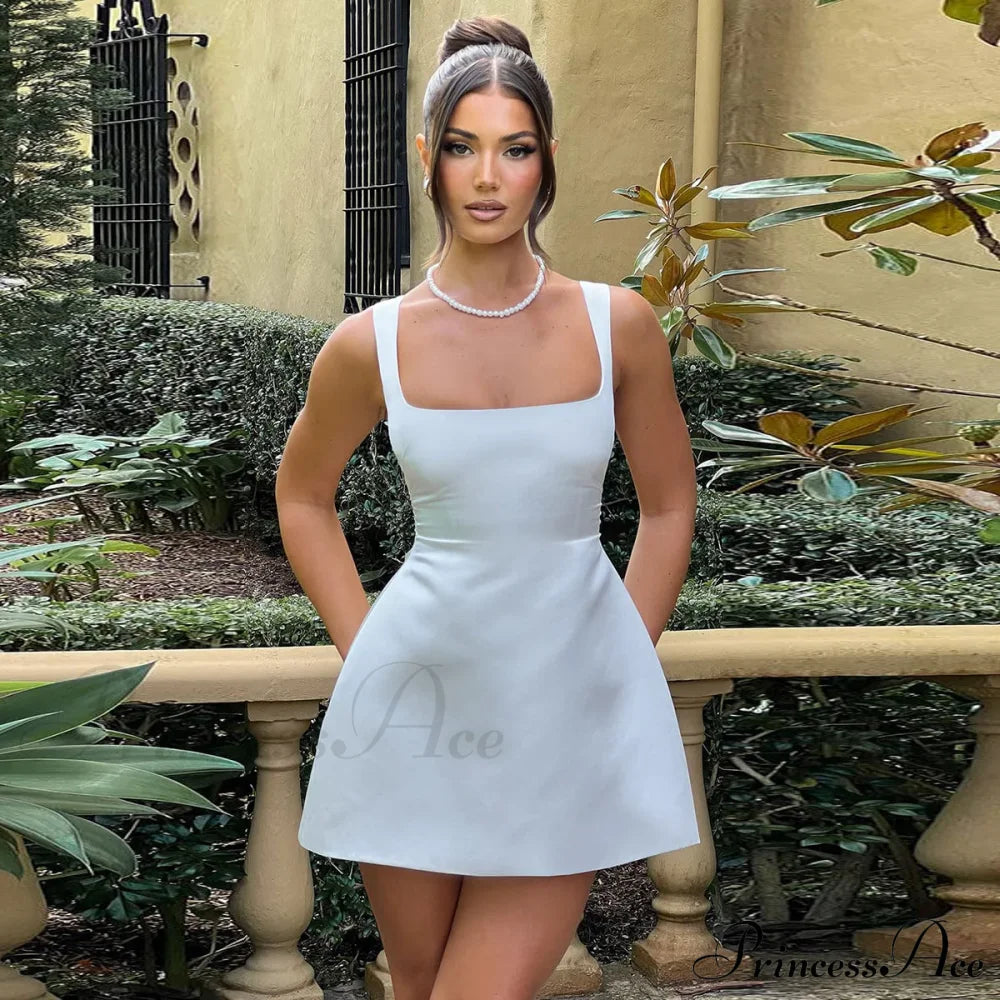Satin Square Neck Charming Strap Mini Dress Solid Color