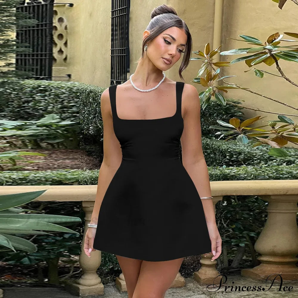 Satin Square Neck Charming Strap Mini Dress Solid Color