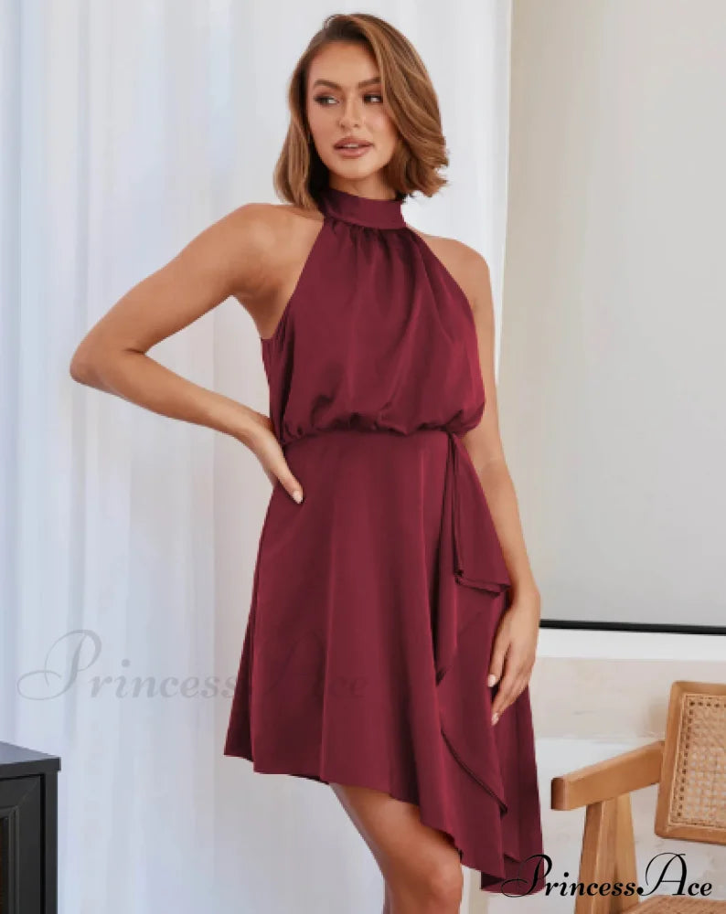 Satin Strap Dress With Hanging Neck M / Wine Red Dresses