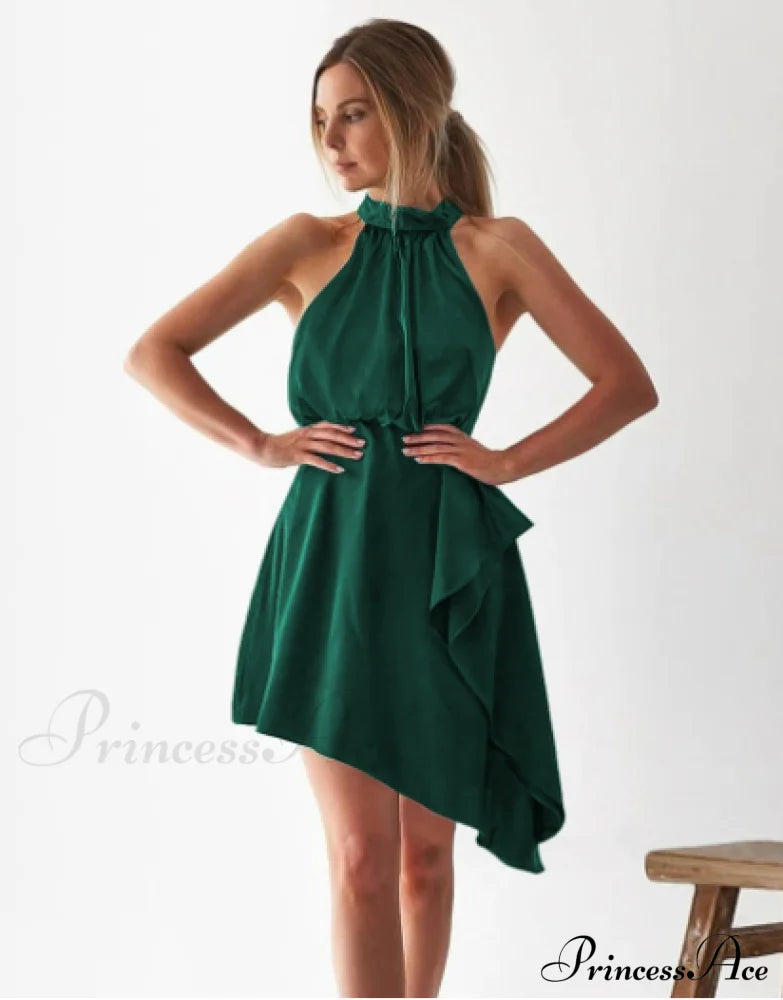 Satin Strap Dress With Hanging Neck S / Dark Green Dresses