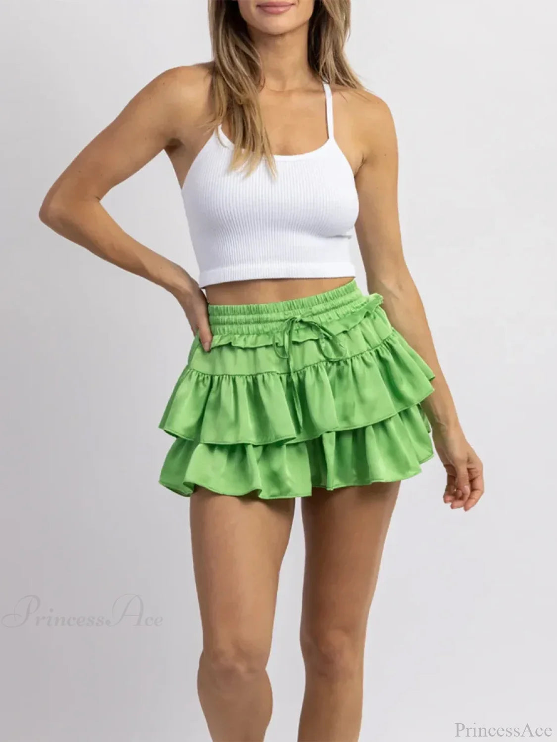 Satin Tiered Flared Pleated Skirt Green / S skirts-250223