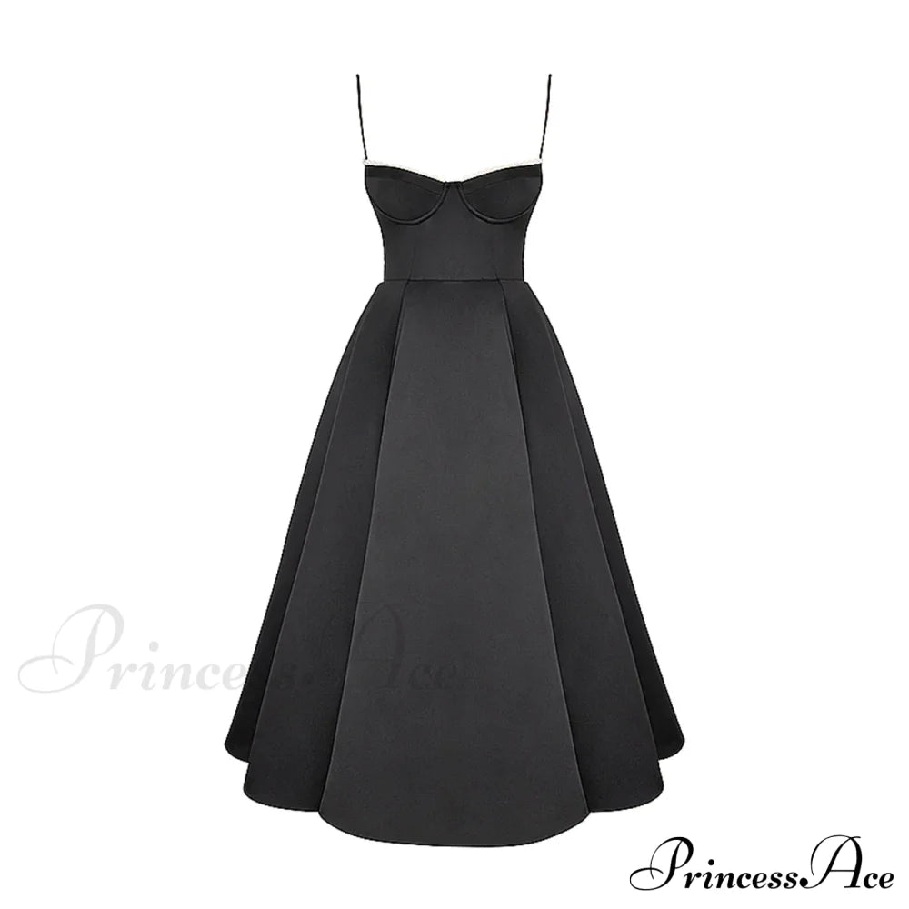 Satin Tulle Flare Charming Strap Cupped Midi Dress