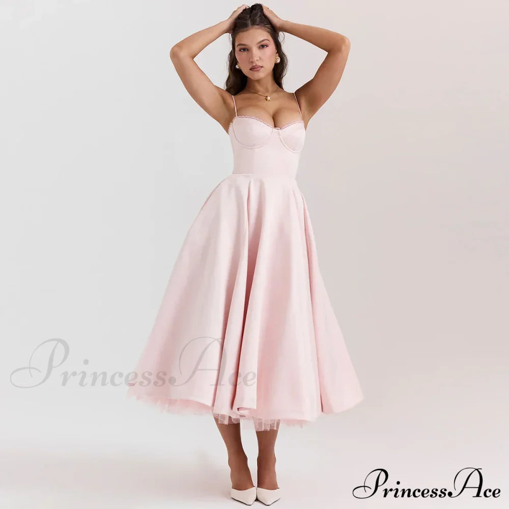 Satin Tulle Flare Charming Strap Cupped Midi Dress