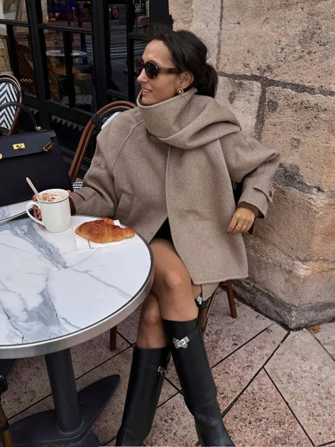 Scarf Collar Woolen Blends Short Coat