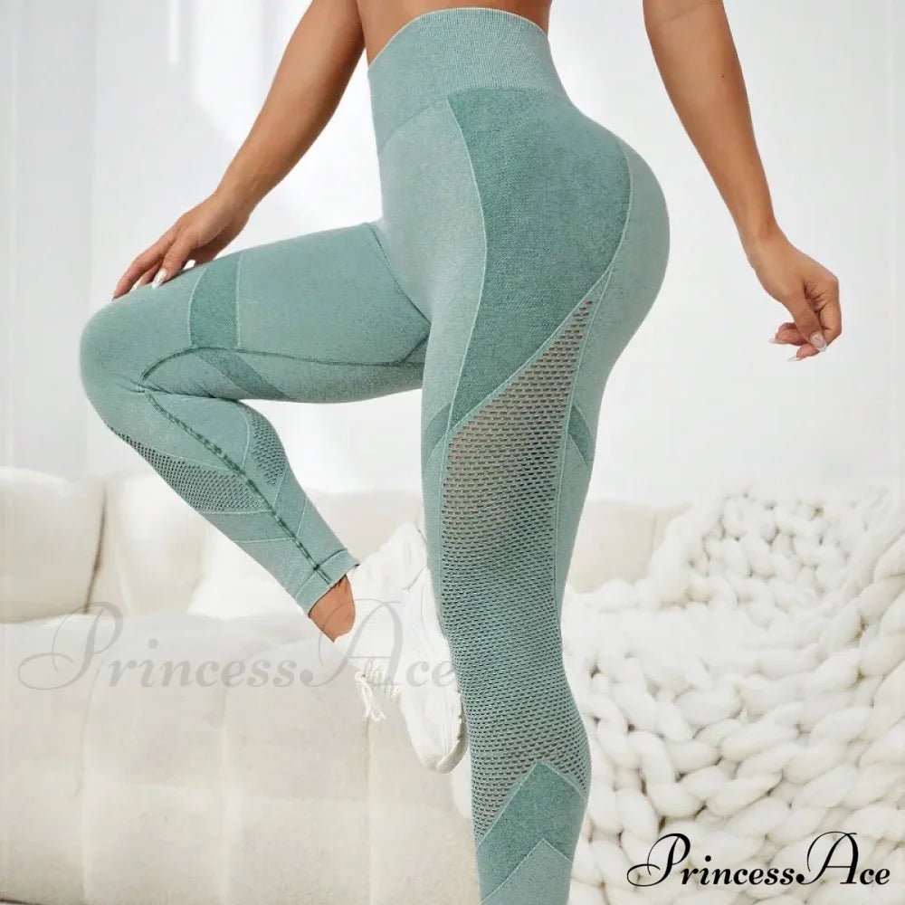 Seamless Fitness Hollow Out High Waist Yoga Legging Green / S
