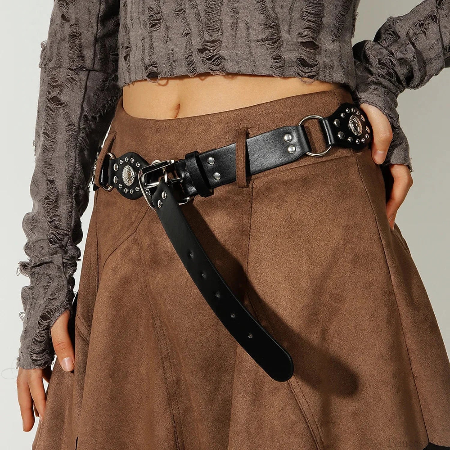 Seasoning Female Gothic Rivet Slim-Fit Belt Blacksilver / 110cm