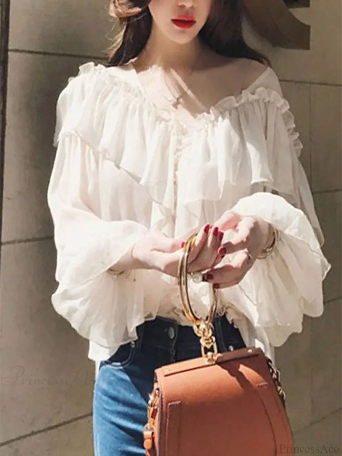 See Through Boho Mesh Ruffle Blouse APRICOT / S blouse-250223