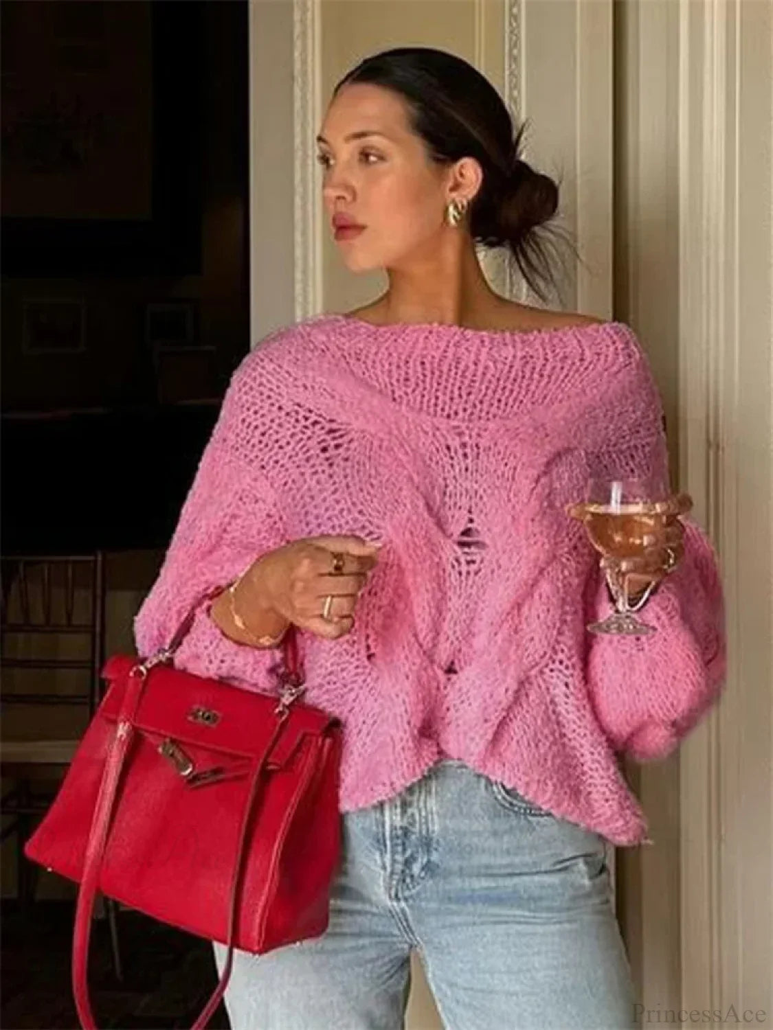See-through Casual Loose Y2K Knitted Sweater Pink / S