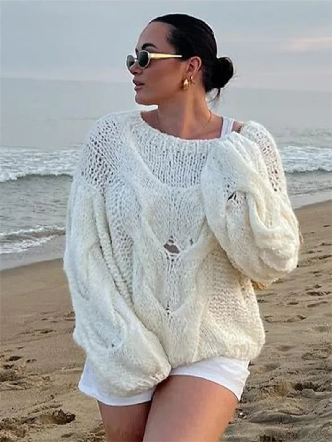 See-through Casual Loose Y2K Knitted Sweater WHITE / S
