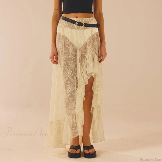 See Through Elastic High Waist Ruffle Asymmetrical Lace Skirt Beige / S skirt-250126