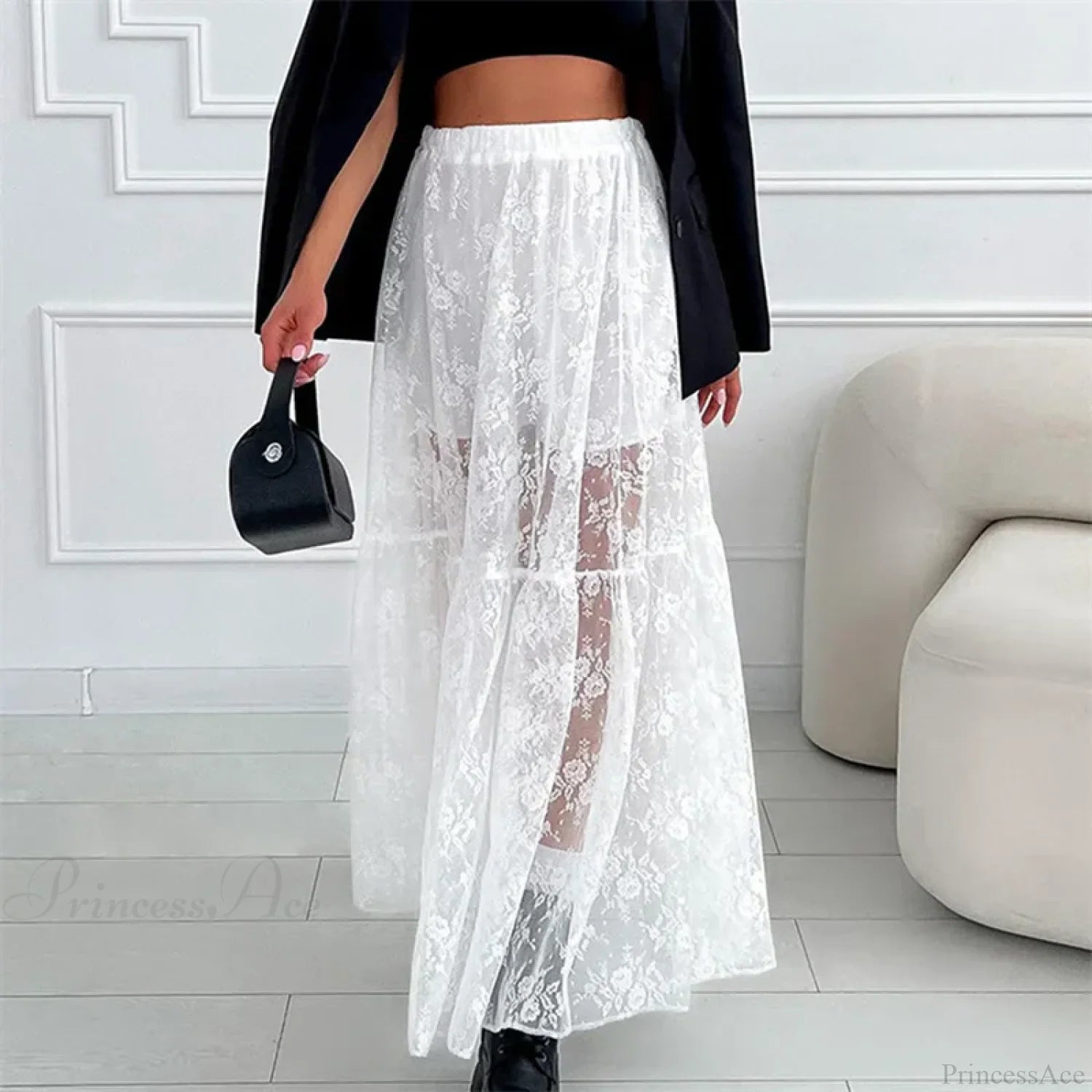 See Through Floral Lace Elastic High Waist A-Line Long Skirt Vacation Party skirt-250126