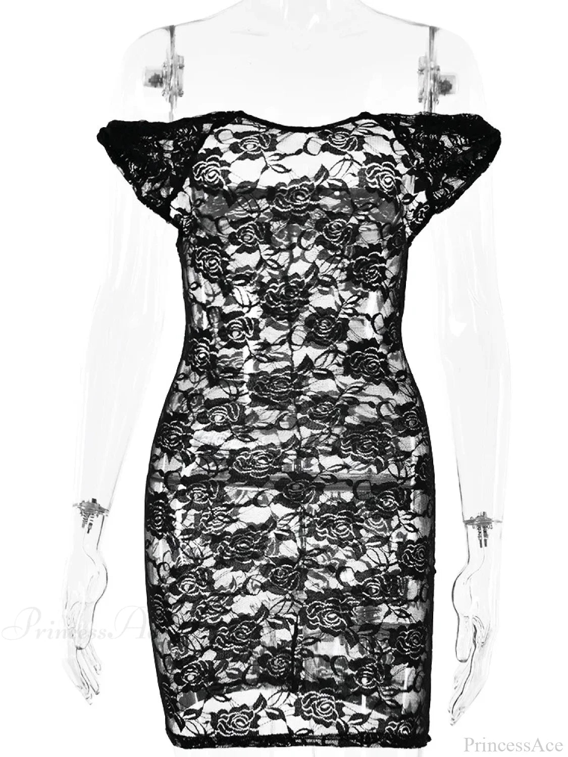 See-Through Lace Floral Off-Shoulder Bodycon Mini Floral Dress Black / S floraldress-250126
