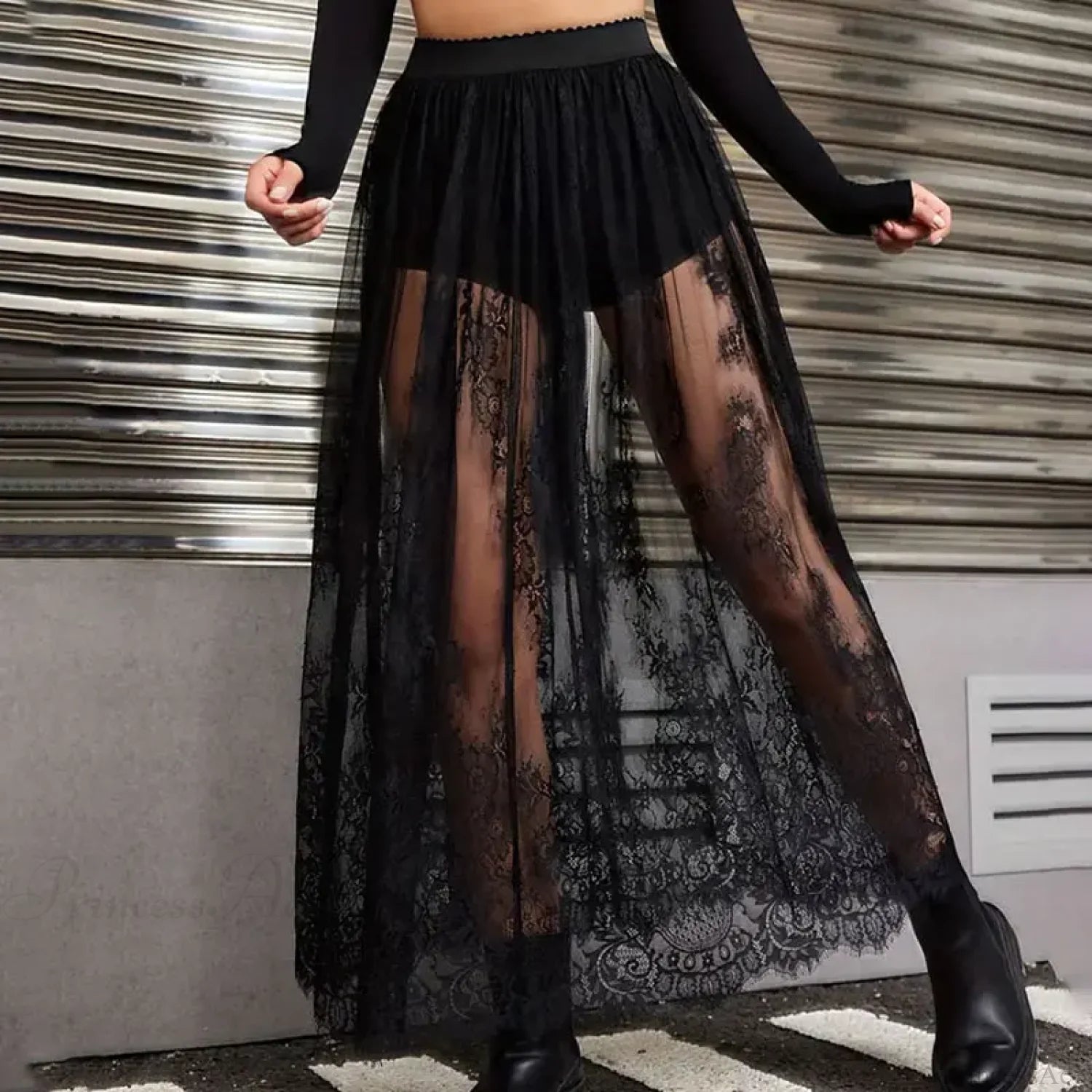 See Through Lace Maxi Party Skirt Black / S