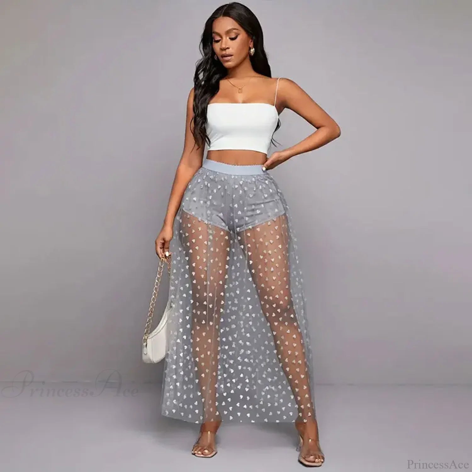 See Through Lace Maxi Party Skirt gray / S