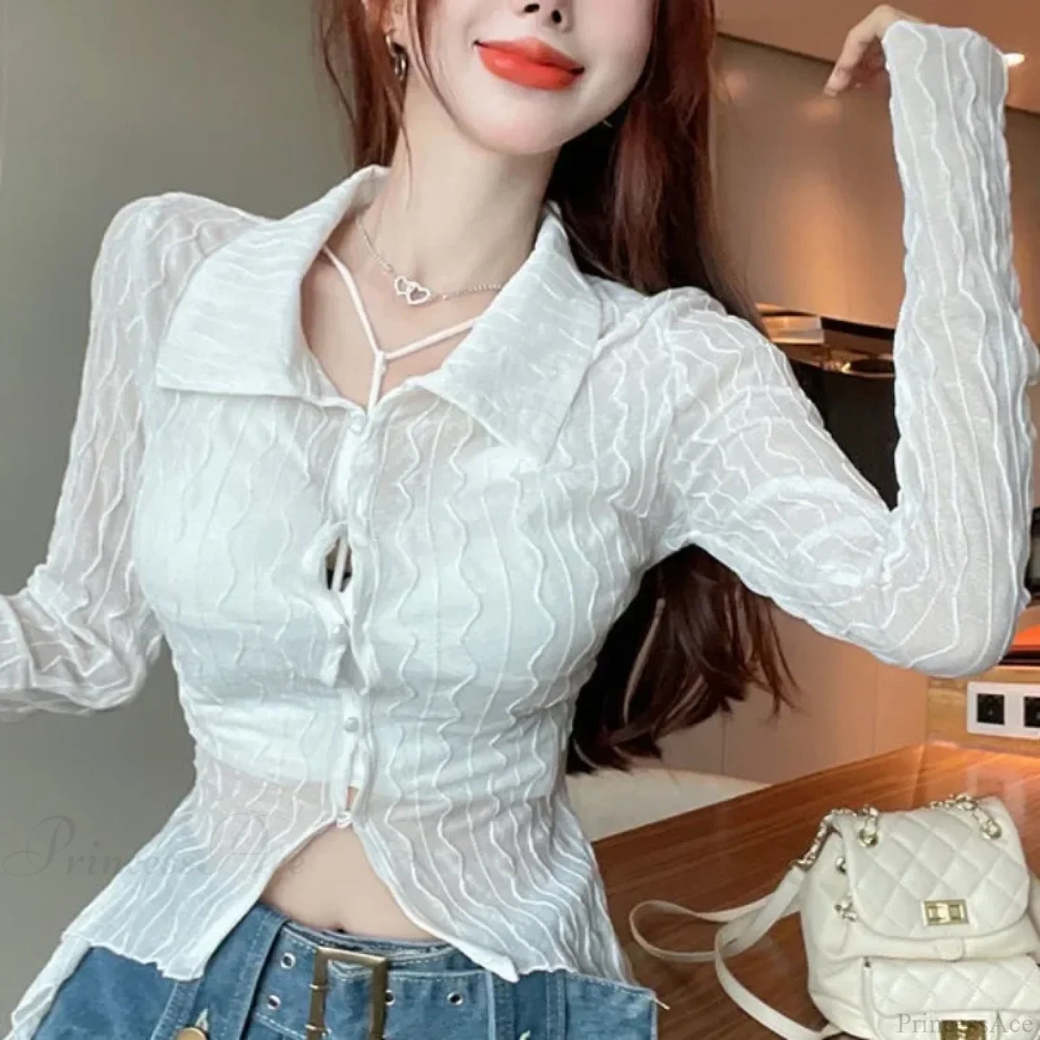 See Through Long Sleeve Turn-down Collar Blouse WHITE / big one size blouse-250126