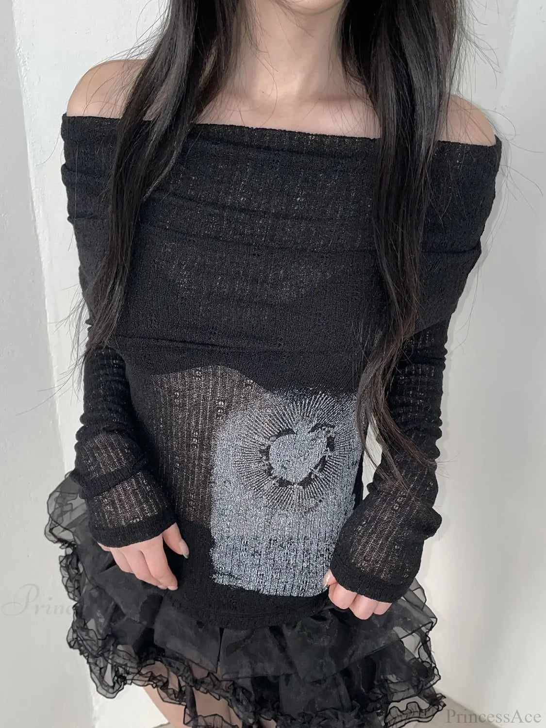 See-Through Printed Slash Neck Long Sleeve Knit Top knittop-250126