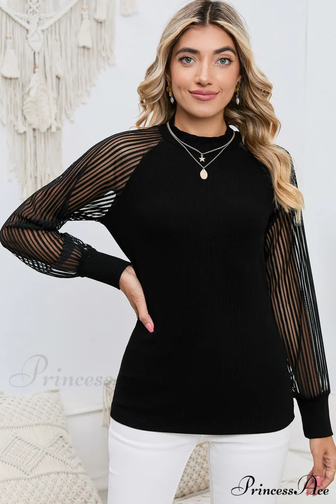 Semi-Sheer Arm Black With Round Blouse Long Neck