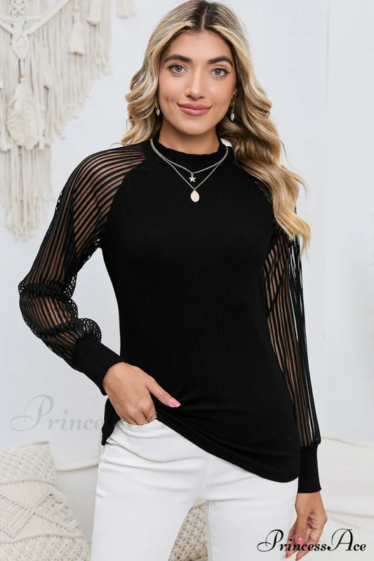 Round Neck Semi-Sheer Long Sleeve Black Blouse Black clothes long sleeve shirts long sleeve top Ship From Overseas shirt shirts SYNZ top tops