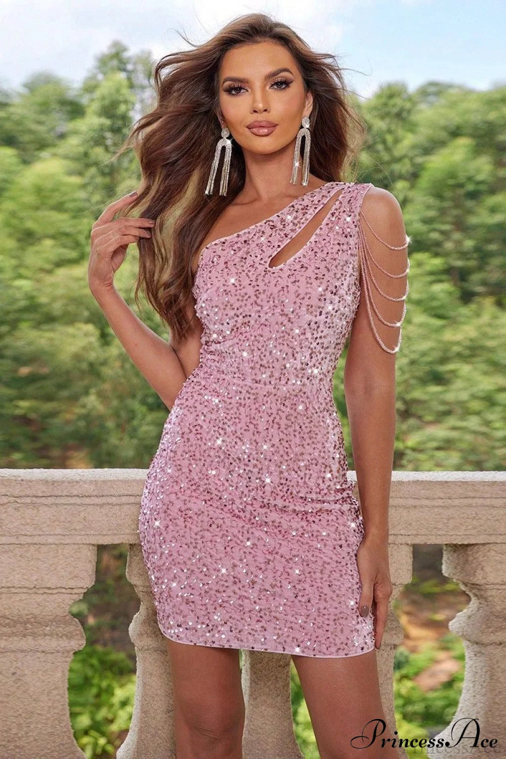 Sequin Chain One Shoulder Slim Party Dress Pink / XS