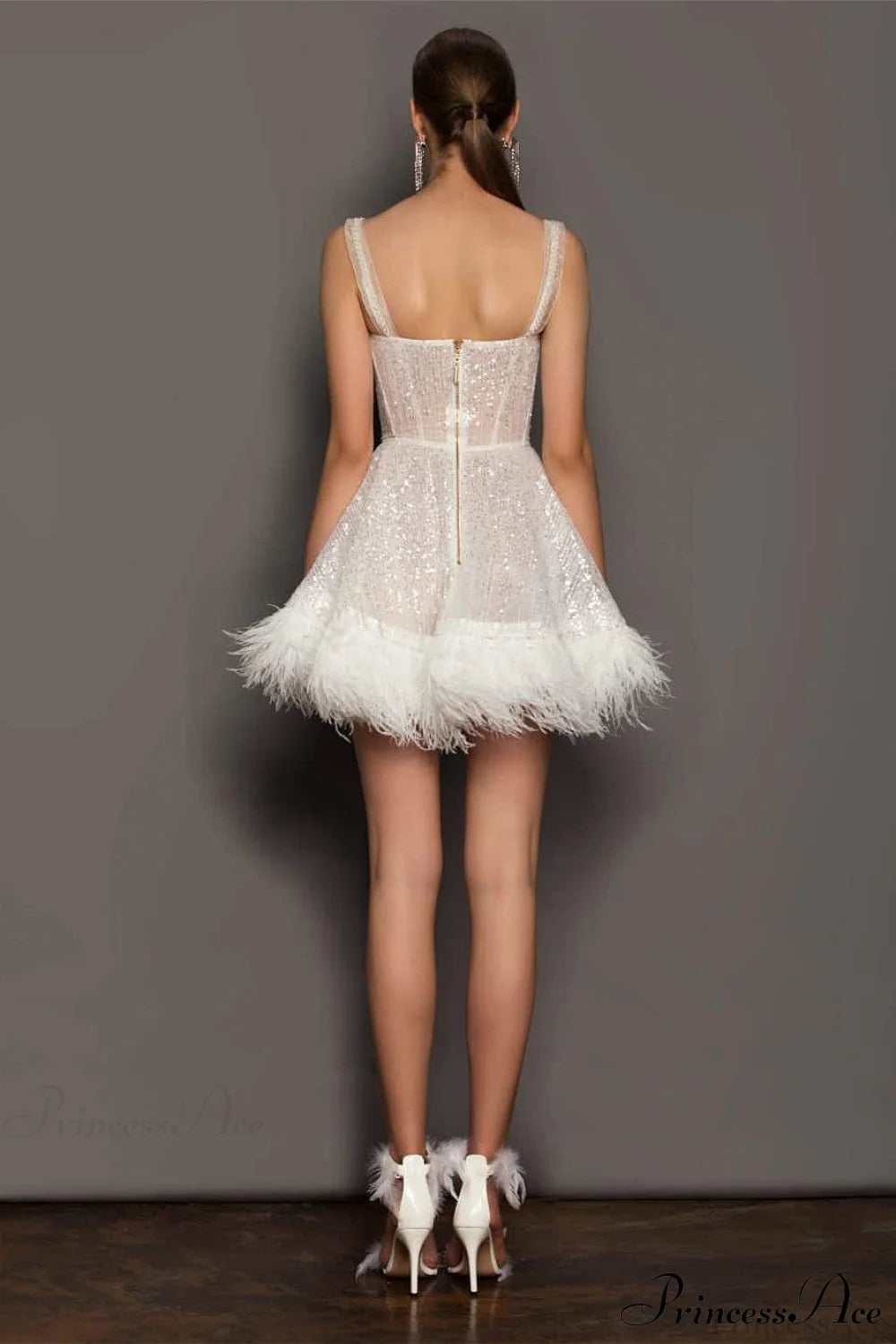 Sequin Feather Strapless Party Dress