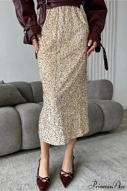Sequin High Waist Midi Skirt Yellow / S