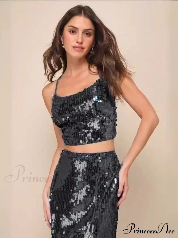 Sequin Lace-Up Stylish Two-Piece Maxi Dress S / Black Dresses