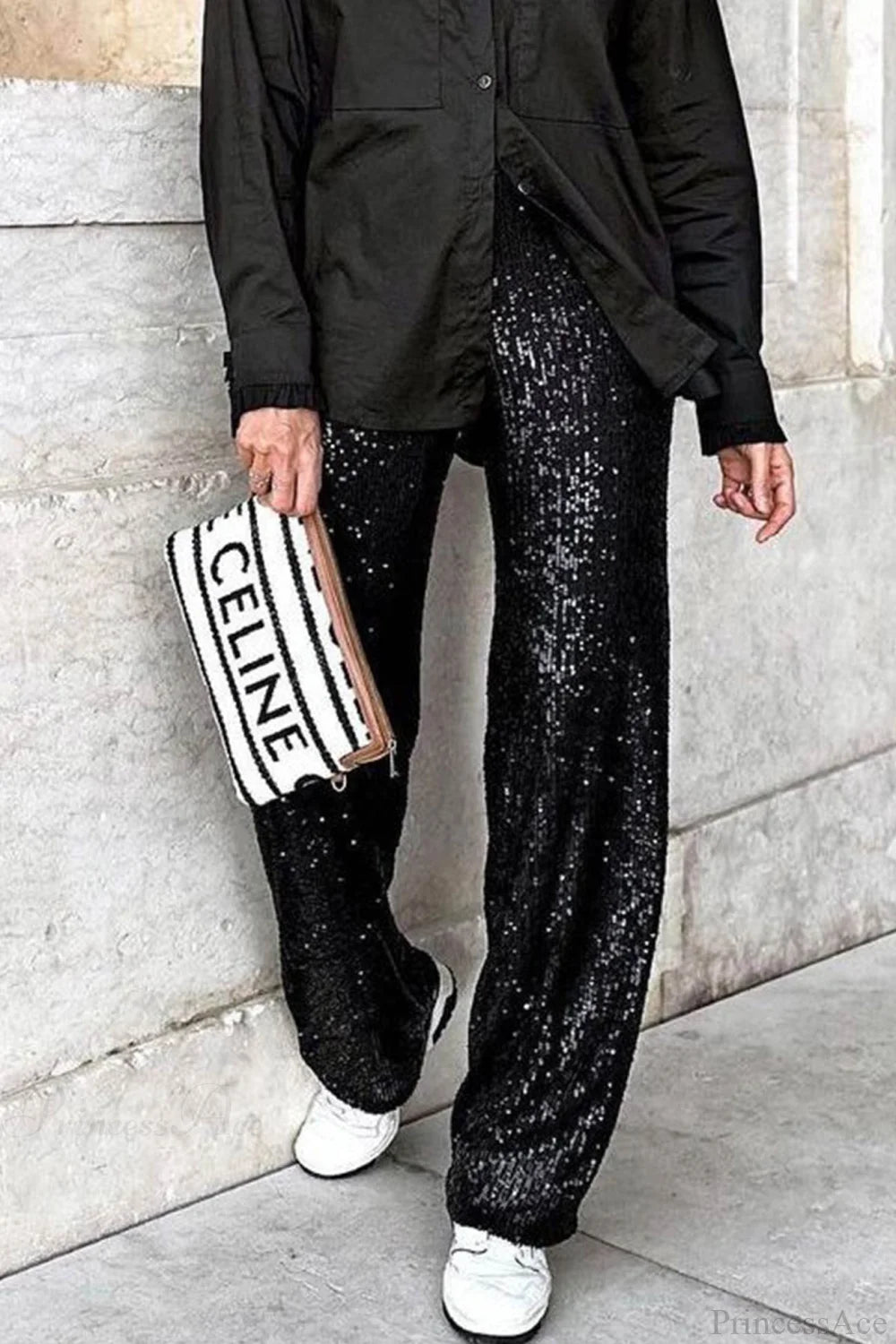 Sequin Long Straight Pants Black / L