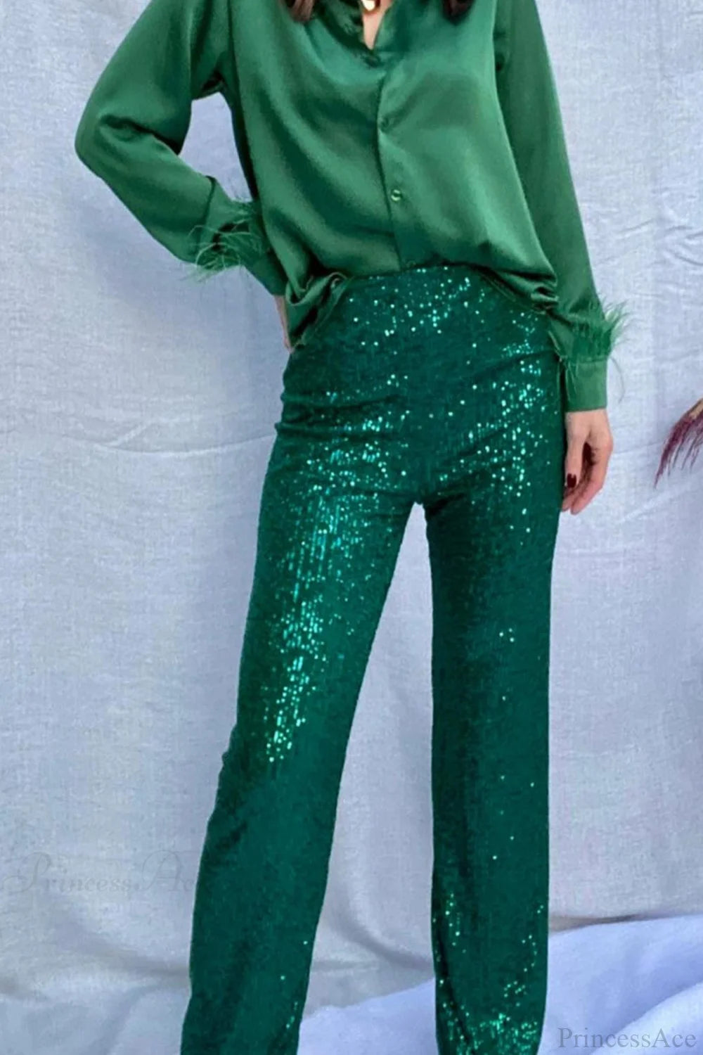 Sequin Long Straight Pants Green / M
