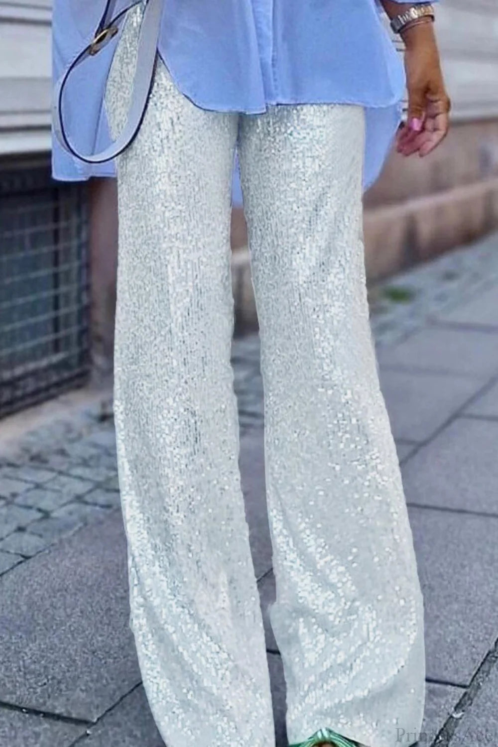 Sequin Long Straight Pants Silver / S