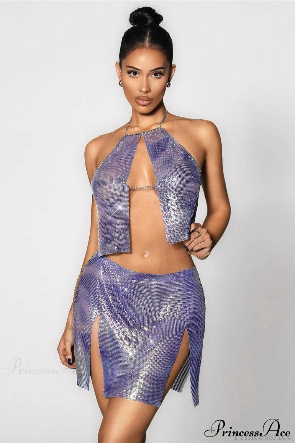 Sequin Metallic Print Backless Mini Party Dress Purple / XS