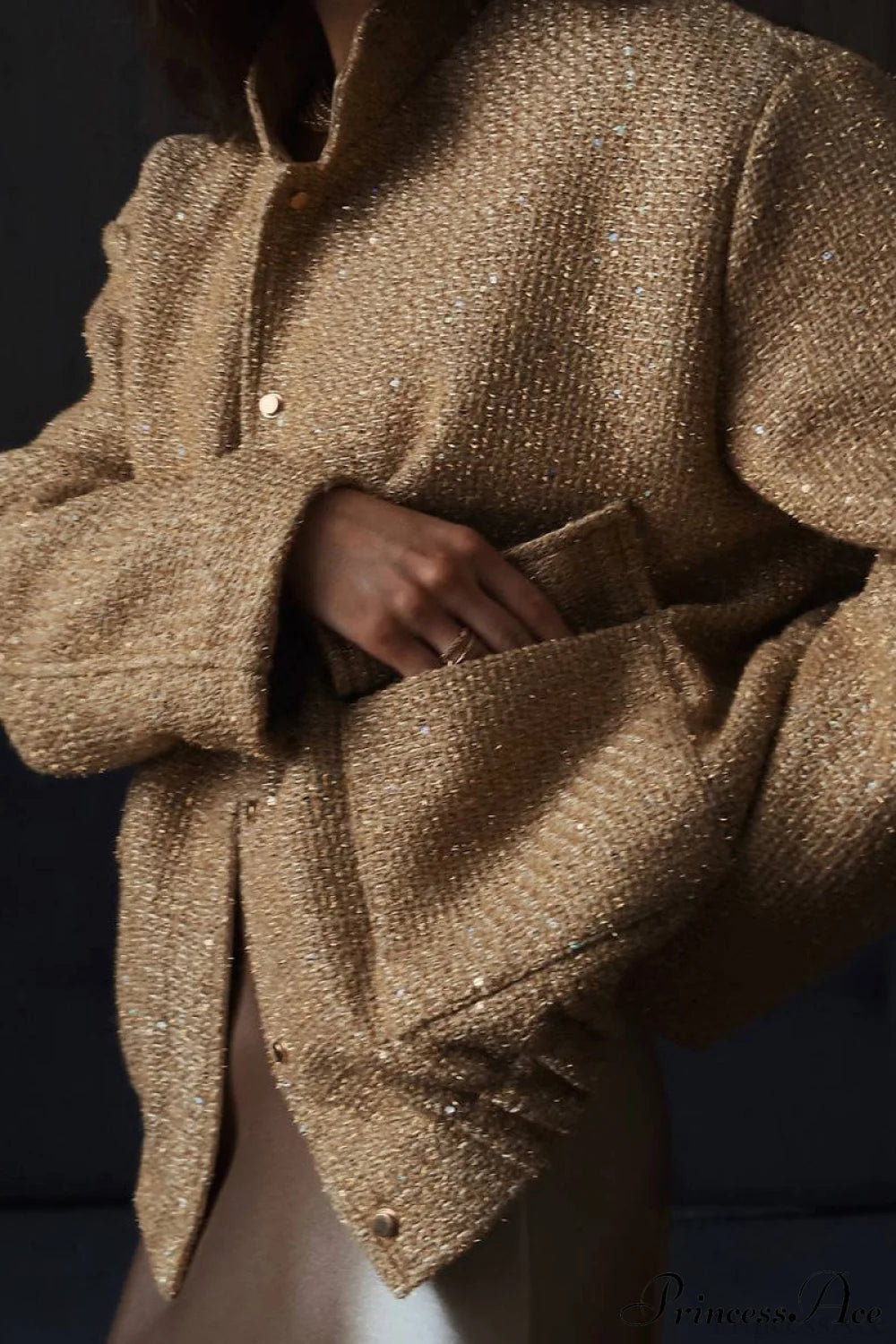 Sequin Metallic Stand Collar Loose Fashion Coat