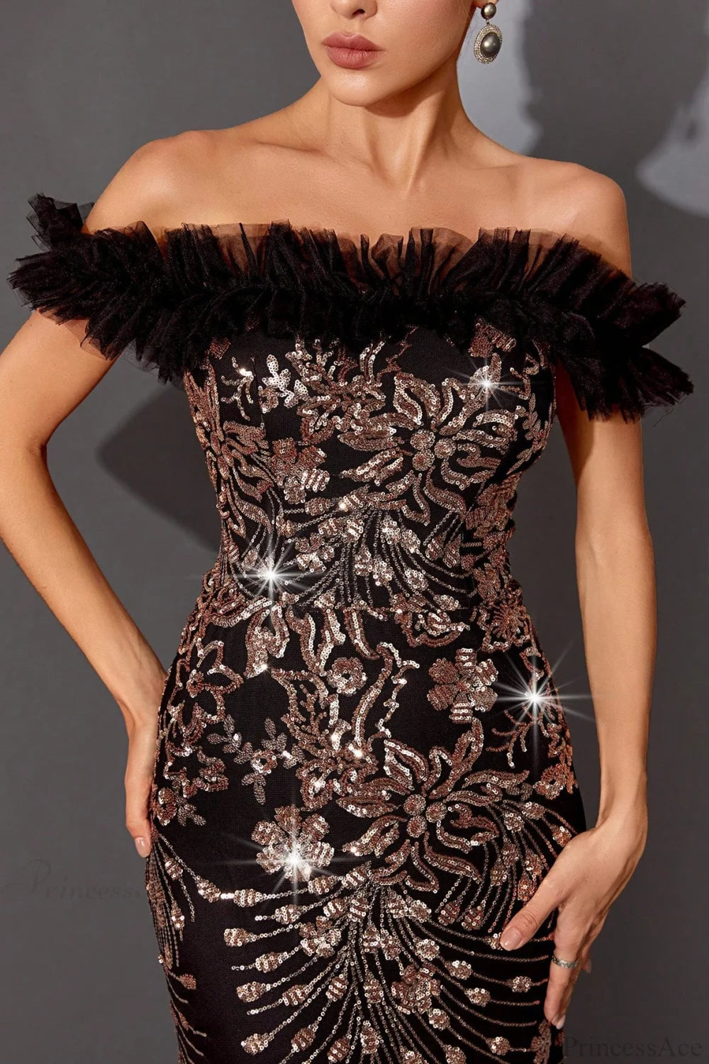 Sequin Off-the-Shoulder Fitted Mermaid Wedding Dress