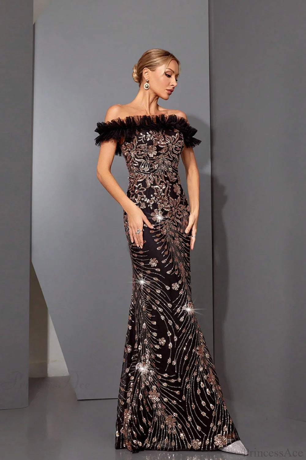 Sequin Off-the-Shoulder Fitted Mermaid Wedding Dress Black / S