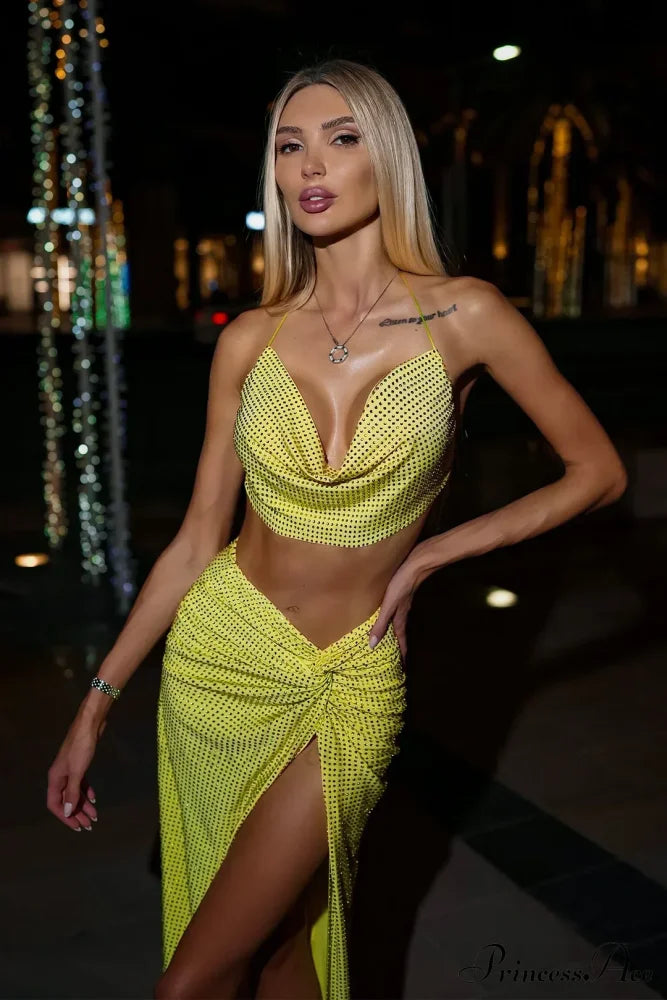 Sequin Open Back Tie Up Crop Modern Top And Wrap Midi Skirt Set High Split Suits