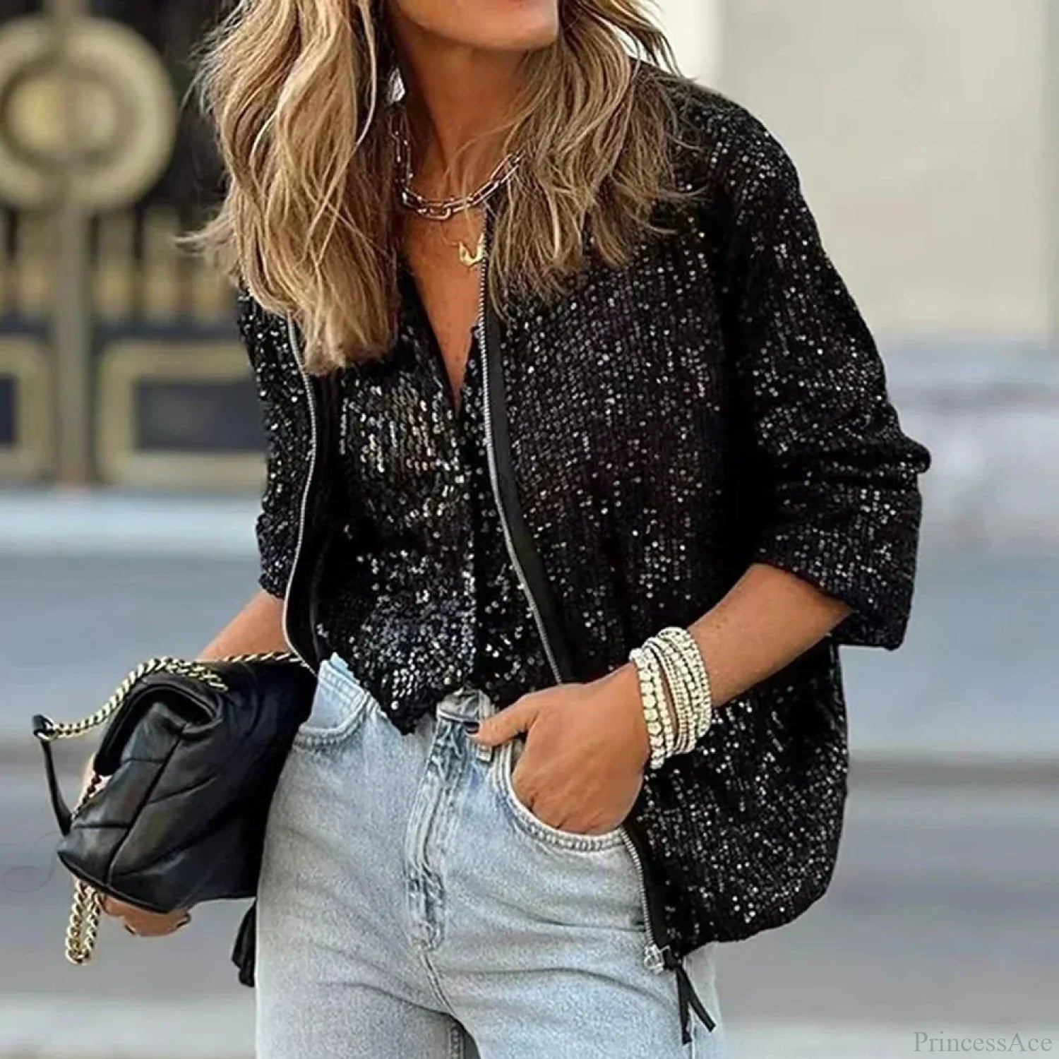 Sequin Shiny Slim Fit Zipper Party Cardigan