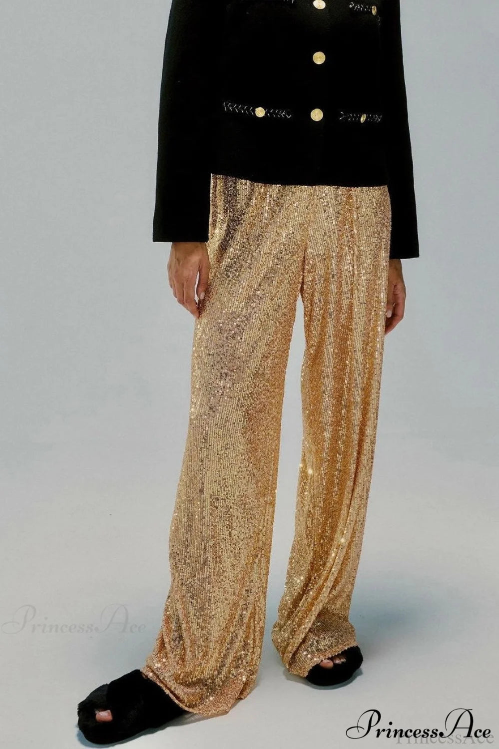 Sequin Slim-Fit Straight Casual Pants Gold / S