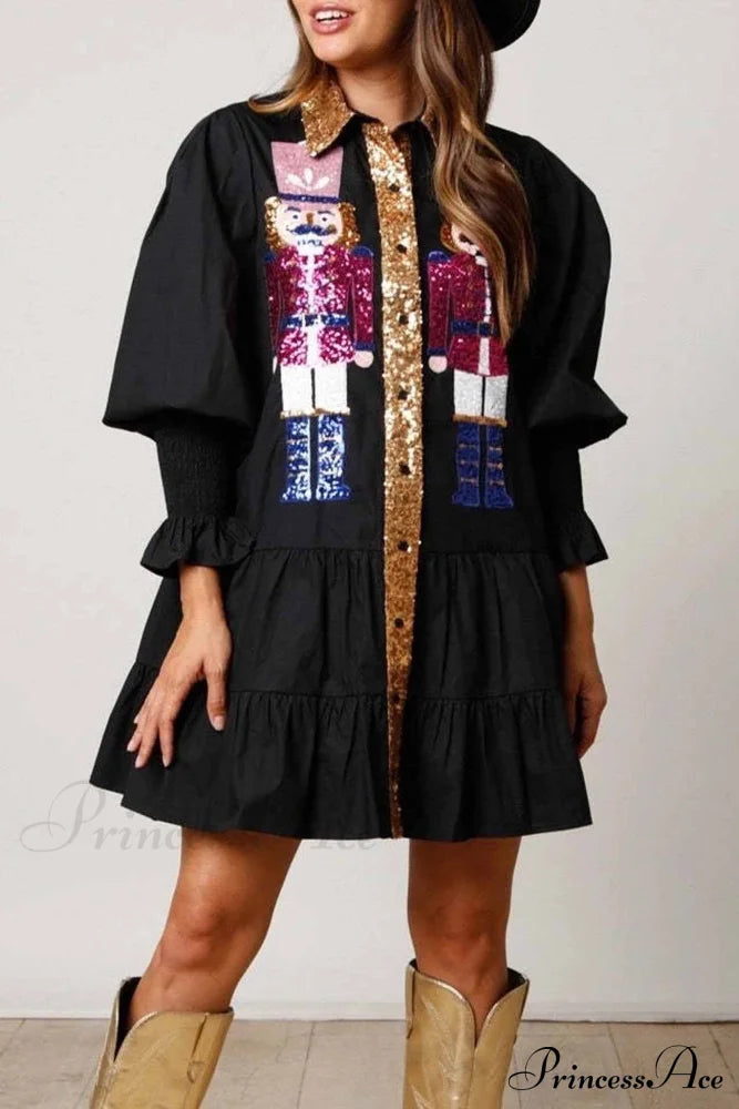 Sequin Tiered Mini Dress With Lapel Button Up Black / L Dresses