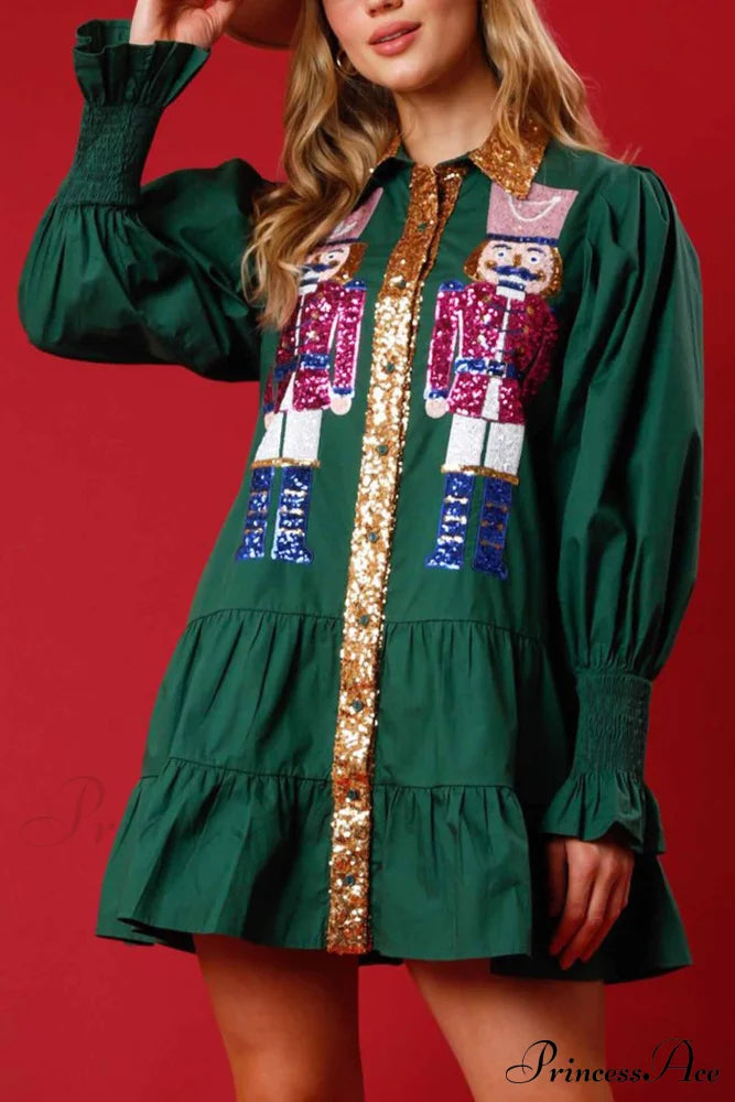 Sequin Tiered Mini Dress With Lapel Button Up Green / L Dresses